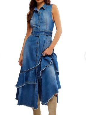FREE PEOPLE Beau DRESS Blue Denim bohemian sleeveless Maxi with Ruffle Detail